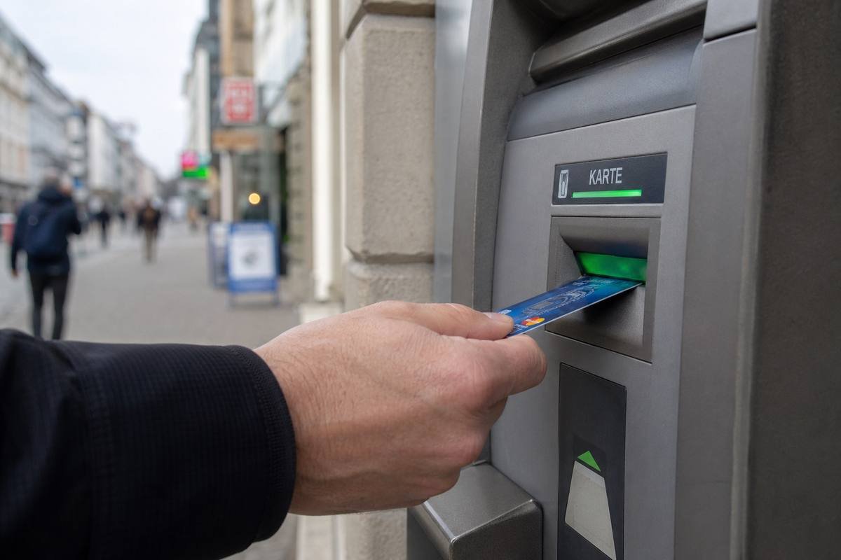 Hand steckt Bankkarte in deutschen Geldautomat