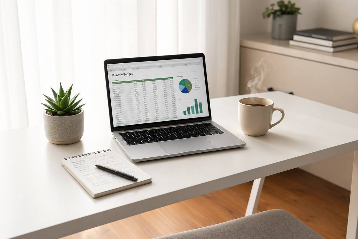 Homeoffice-Arbeitsplatz mit Laptop, Notizbuch und Kaffee