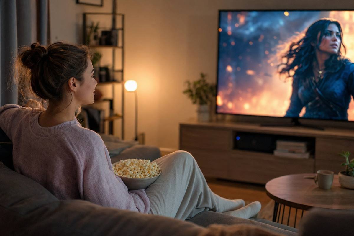 Fernbedienung vor einem Smart-TV mit mehreren Streaming-Anbieter-Logos